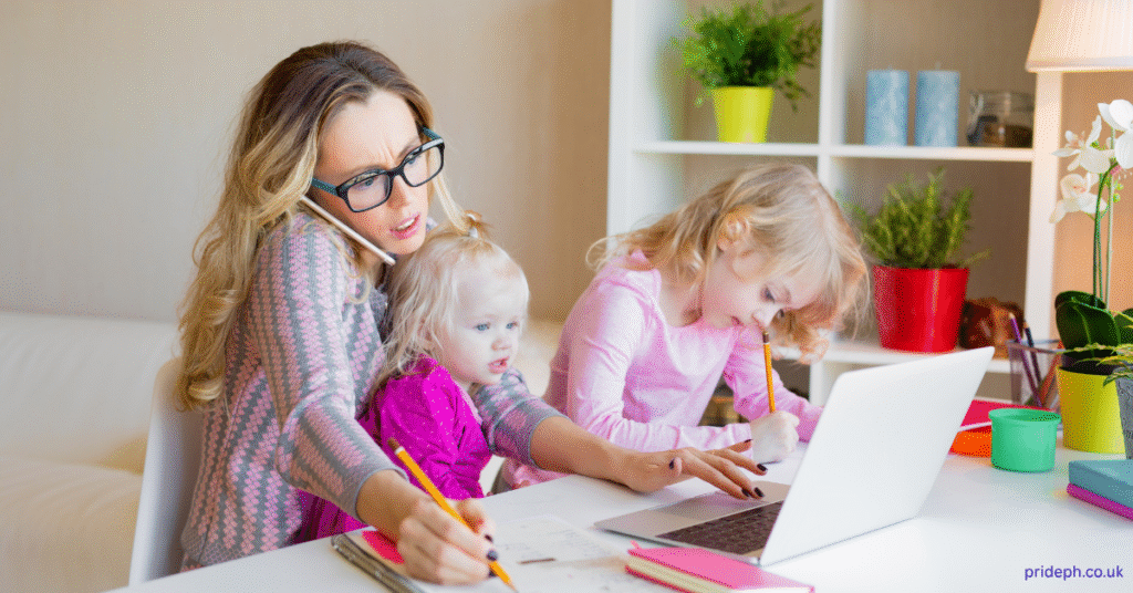 Busy multitasking mum with kids in tow